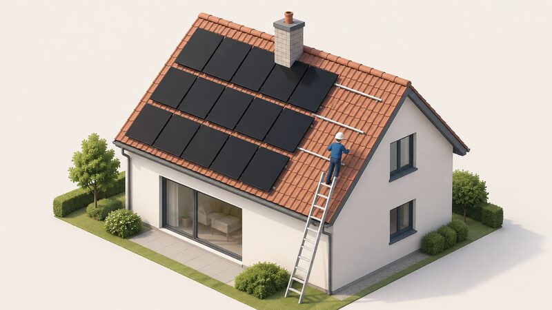 A domestic pitched roof with one roof slope part-covered by all-black solar panels laid in neat rows with visible gaps between them, a chimney on the ridge casting shade, and a small isometric figure on a ladder inspecting the uncovered remaining roof space.