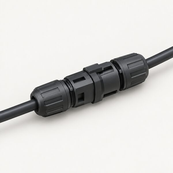 A close-up of two photovoltaic DC plug-in connectors of the type covered by BS EN 62852, one male and one female with their moulded bodies and metal contacts, shown mated together in the middle of the frame with a short length of solar DC cable leading away from each side.