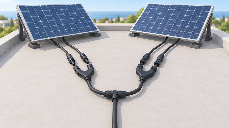 A close-up of a Y-branch connector pair on a rooftop: two solar panel output cables, one with male plugs and one with female sockets, each entering a Y connector whose two inputs merge into a single output cable running away toward the inverter.