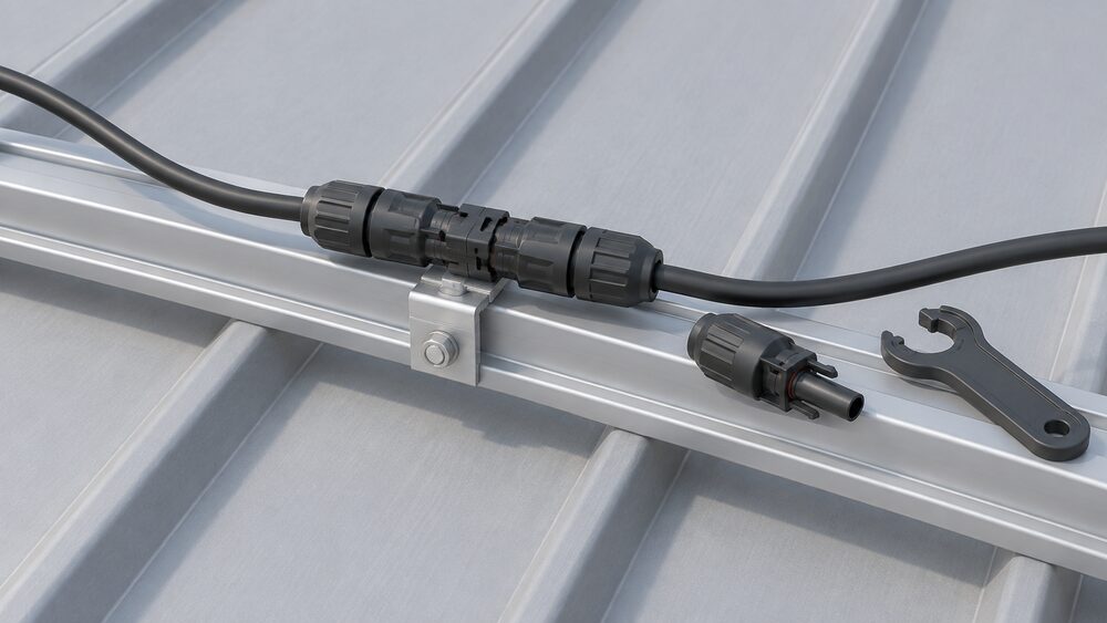 A close-up of a single mated pair of MC4 solar DC connectors clipped to a metal roof mounting rail, with black PV cable running from each side and a small spanner and spare unmated connector lying on the rail nearby.
