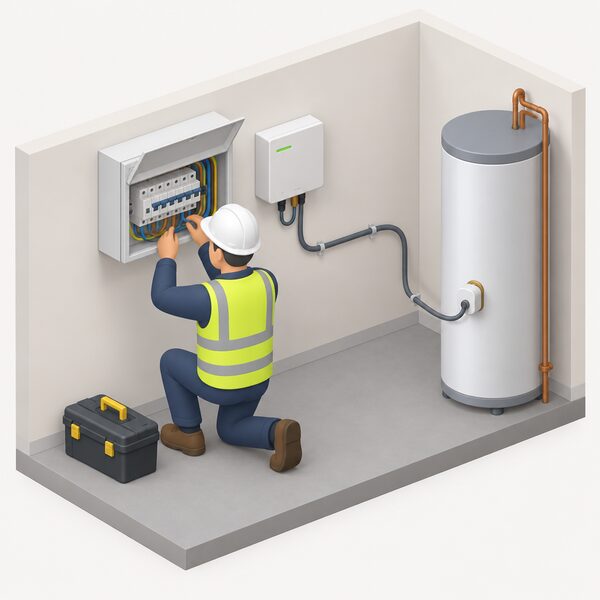 A qualified electrician kneeling beside an open consumer unit wires in a small PV diverter unit, with a cable running off toward the hot water cylinder's immersion connection, all indoors on a household wall.