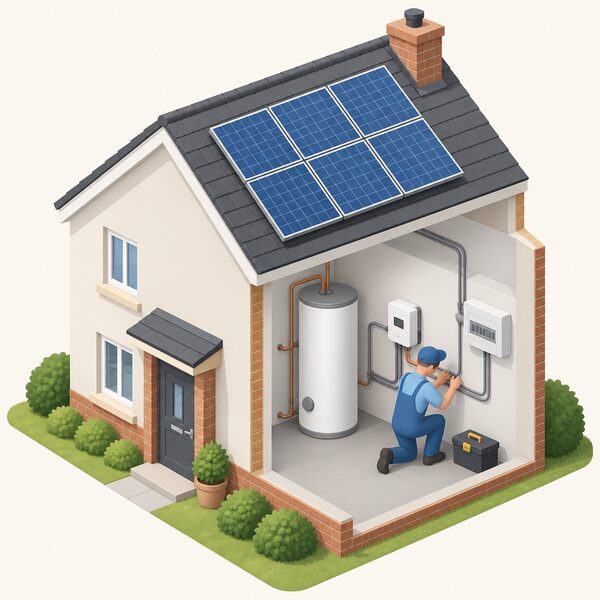A small isometric view of a home roof with solar panels, a smart diverter unit on the wall beside the hot water cylinder connected to the cylinder and the consumer unit, with a simplified installer figure fitting the diverter as part of the same installation.
