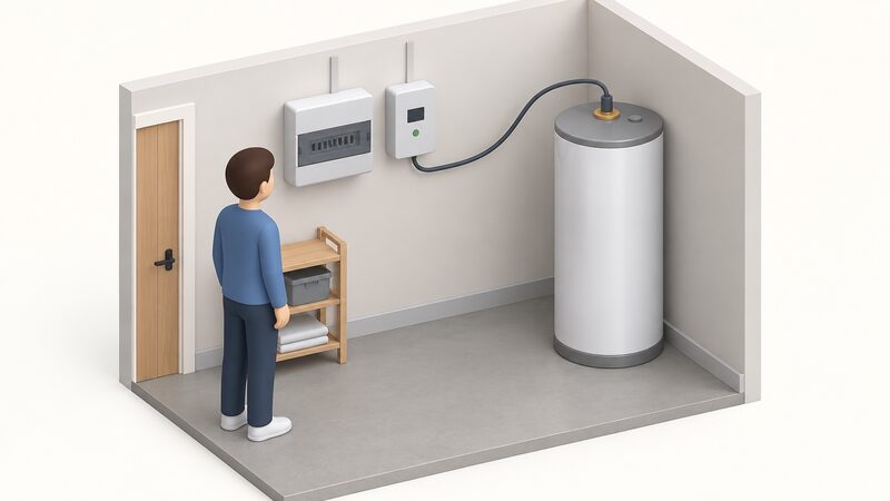 A small isometric utility corner showing a wall-mounted solar diverter unit fixed beside a consumer unit, with a cable running from the diverter across to an adjacent hot water cylinder topped by its immersion connection.