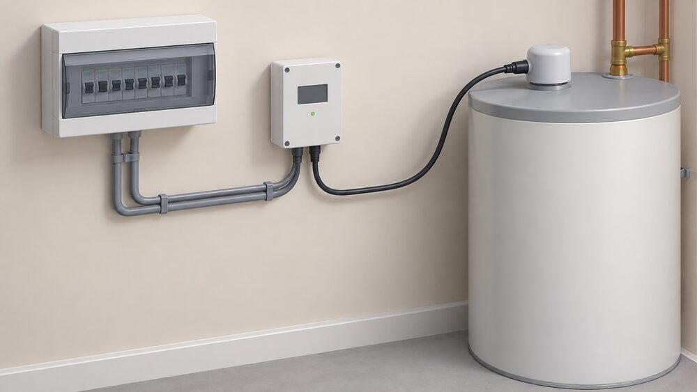 A close-up of a small wall-mounted solar diverter unit wired beside a consumer unit, with a cable running to the immersion heater at the top of a hot water cylinder beside it.