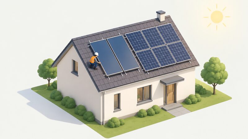 A pitched roof with flat plate solar thermal collectors mounted beside a PV array, both fixed to the roof slope in bright sunshine, with a simplified isometric figure on the roof inspecting the collectors.