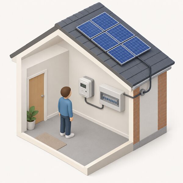 A simplified isometric figure stands indoors beside a wall-mounted smart electricity meter near the consumer unit, with a cable running from the meter toward the outside wall where rooftop solar panels connect, the meter shown as the hardware that measures exported electricity.