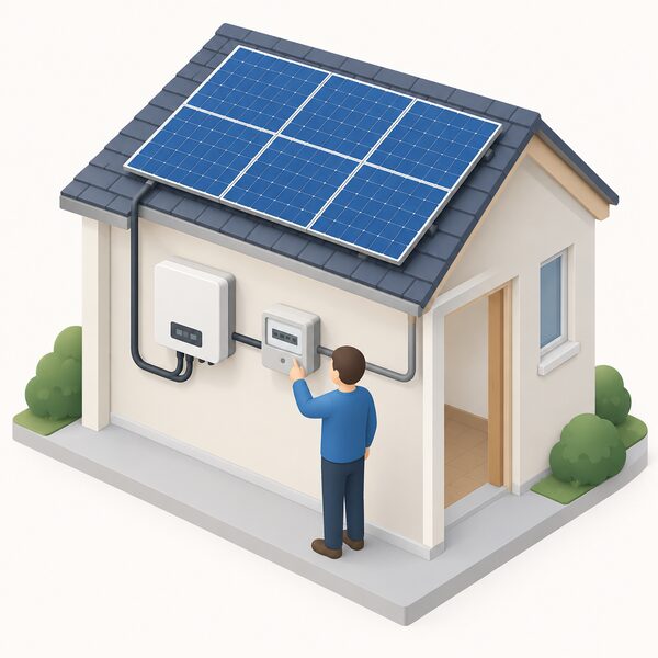 A small wall-mounted generation meter fitted on the AC side of a rooftop solar PV installation, beside the inverter where the PV cables run through it, with a simplified figure reading its display to submit readings to their FIT licensee.