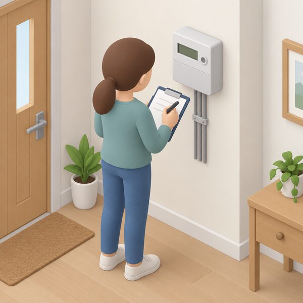 A simplified isometric figure stands at a wall-mounted electricity meter inside a home, reading the display and writing the reading on a form resting on a clipboard, ready to send to the new FIT licensee before payments start.