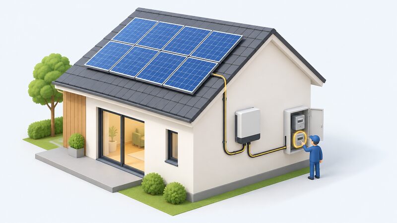 A house rooftop solar array with a generation meter and export meter in a cabinet on an outside wall, connected by cable to an inverter, with a small figure indicating the metering point where exported electricity is measured.