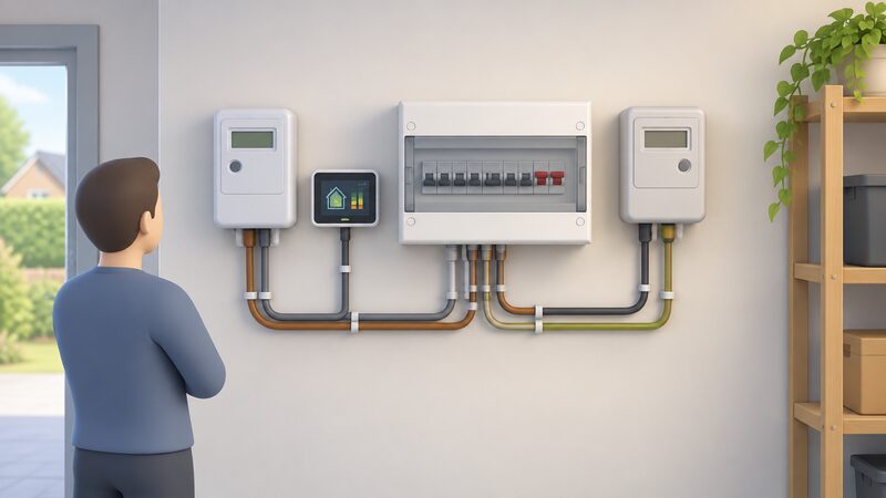A wall-mounted consumer unit with a smart electricity meter and its in-home display beside it, and a separate generation meter alongside, all wired into the household's electrical installation.