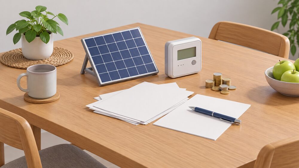 A kitchen table with blank paperwork, a pen and a small pile of coins beside a small model of a rooftop solar panel and a compact smart electricity meter, suggesting a household sorting out payment for exported solar electricity.