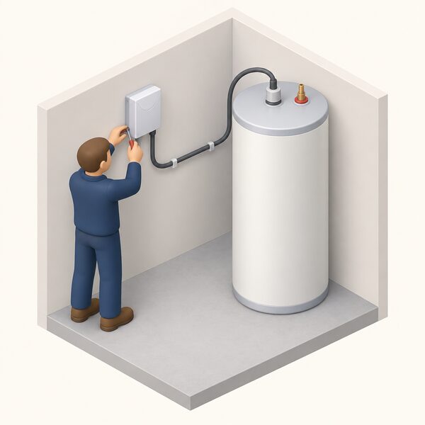A wall-mounted immersion controller unit beside a hot water cylinder, its wiring running to the immersion heater circuit at the top of the cylinder, with a small isometric figure fixing the unit to the wall.