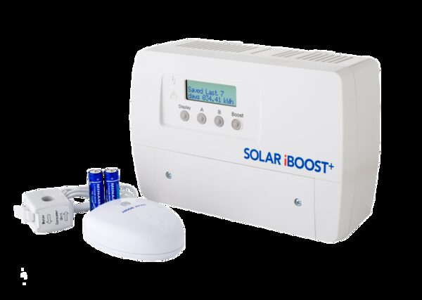 A Solar iBoost+ PV immersion controller unit with its wireless sender sensor and batteries on a white background