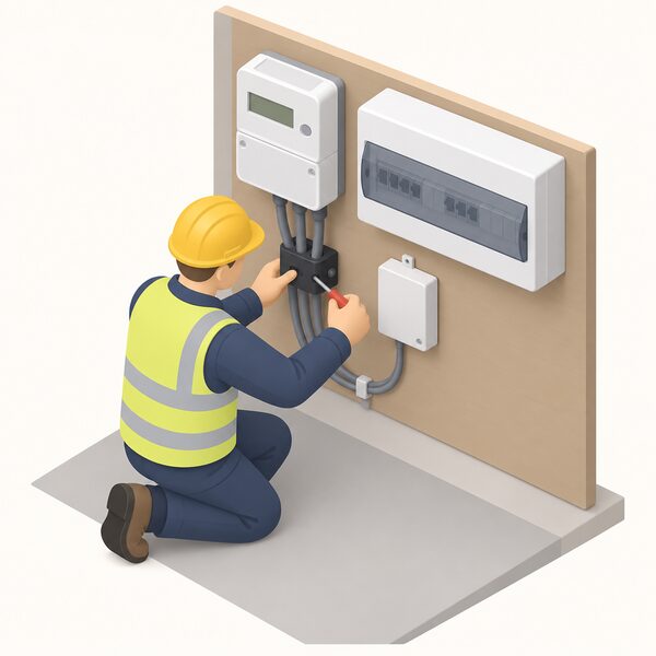 A qualified electrician kneels at the electricity meter position, fitting a current transformer clamp around the meter tails, with the meter and consumer unit nearby and the sender unit to be mounted there.