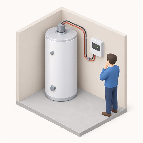 A hot water cylinder with its immersion heater connection at the top, heated by surplus solar, with the diverter controller mounted on the wall beside it and a small isometric figure checking the controller.