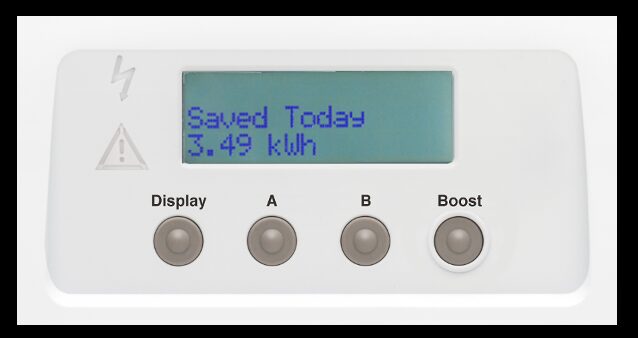 Close-up of the Marlec Solar iBoost+ control panel showing its LCD reading 'Saved Today 3.49 kWh' and four buttons labelled Display, A, B and Boost