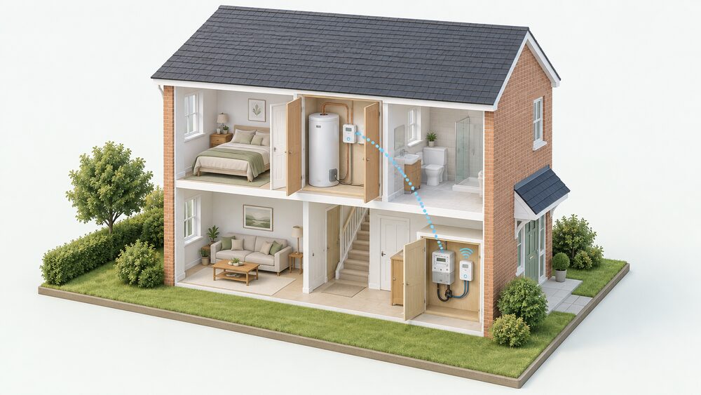 A cutaway house showing a hot water cylinder in an airing cupboard with the Solar iBoost+ control unit mounted beside it, and the sender unit with its clamp fitted around the meter tails at the electricity meter position, wirelessly linked.
