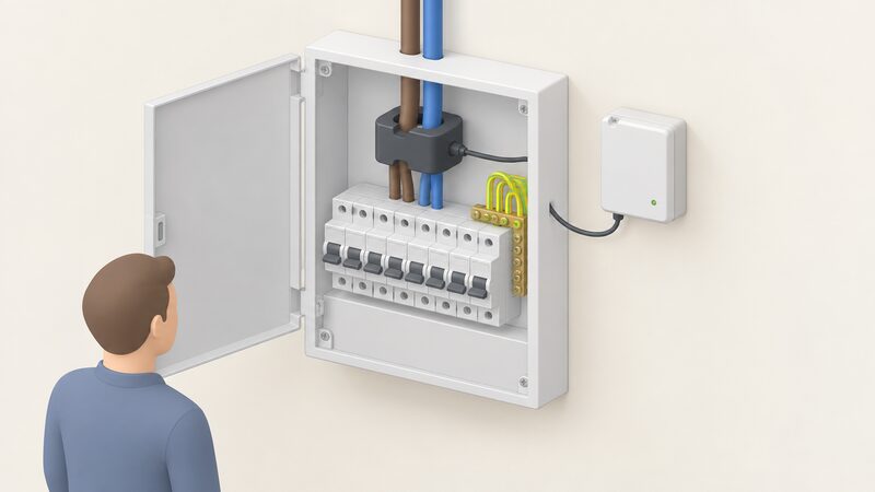 An open consumer unit with a clamp meter fitted around the incoming meter tails and a small sender unit mounted on the wall beside it, shown as a simplified isometric view of the installation.