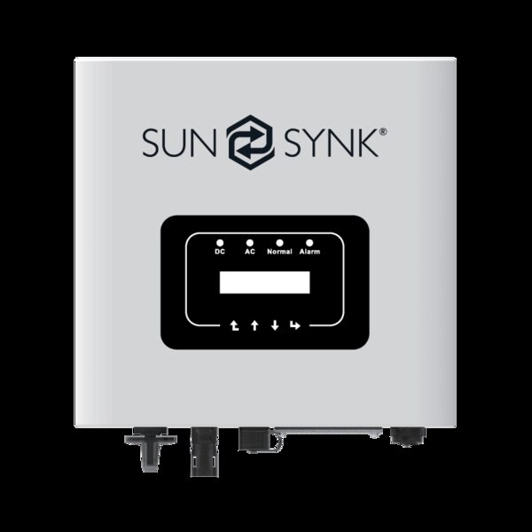 A Sunsynk single-phase string inverter, a grey wall-mounted unit with status display and connection ports at the bottom