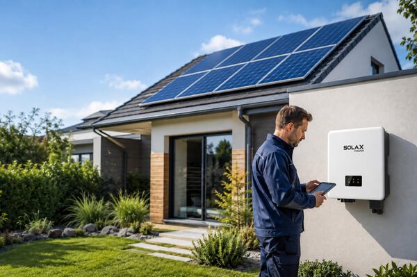 A technician with a tablet checking a SolaX wall-mounted inverter on a house with rooftop solar panels
