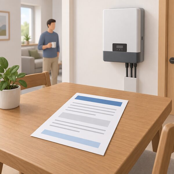 A printed inverter warranty document lying flat on a wooden table in a home, shown as a physical paper sheet with blank lines and plain colour bands instead of readable text, beside a small wall-mounted solar inverter unit.
