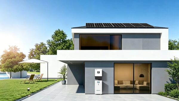 A Luxpower hybrid inverter and battery unit mounted on the wall of a modern house with rooftop solar panels