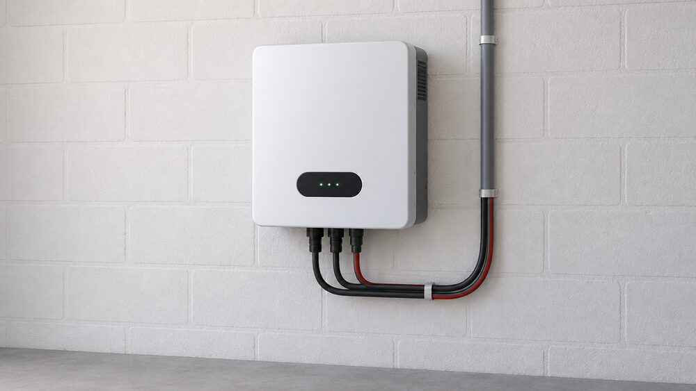 A close-up of a single solar inverter, a plain rectangular box, mounted centrally on a wall in a garage or loft, with its cabling running from it, and nothing else in the scene.