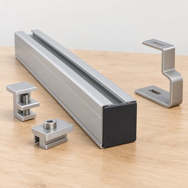 A close-up of a single aluminium solar mounting rail lying on a workbench, its square cut end closed by a separate plastic end cap pushed flush into the profile, shown as an individual component beside a few loose rail accessories.