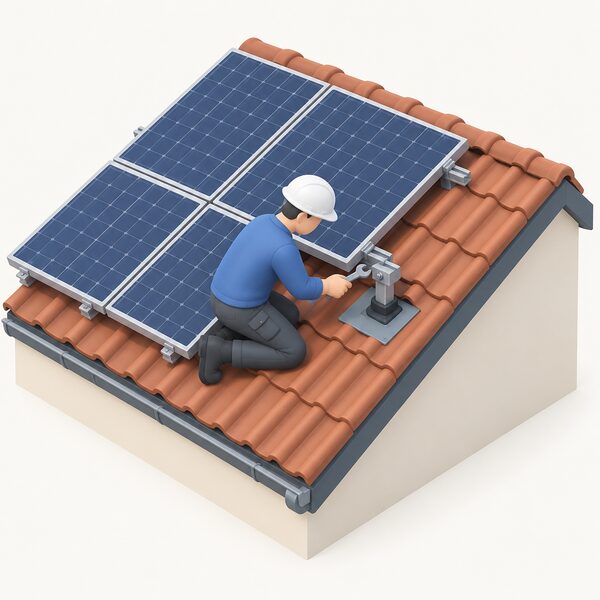 An installer in plain work clothing kneeling on a tiled roof beside an on-roof solar panel array, using a hand tool to check the mounting fixings and inspecting the seals and flashing around the roof penetration during a service visit.