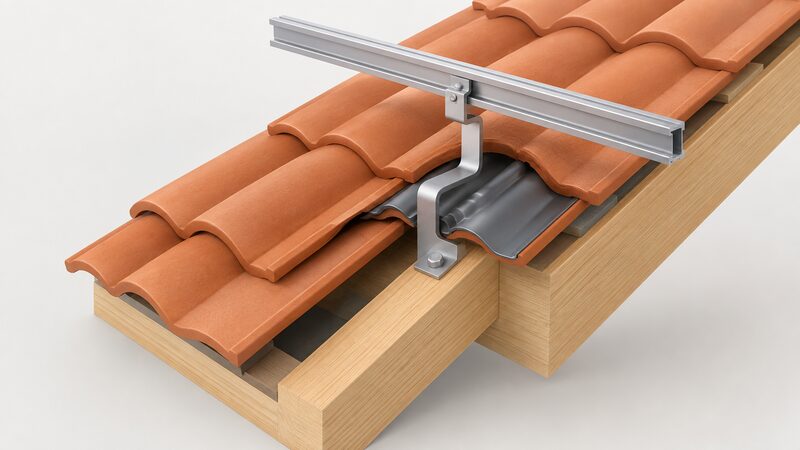 A cutaway diagram of a pitched tile roof showing a roof hook bolted into a rafter beneath the tile covering, flashing dressed around the tile where the hook passes through, and a mounting rail fixed on top of the hook above the tiles.