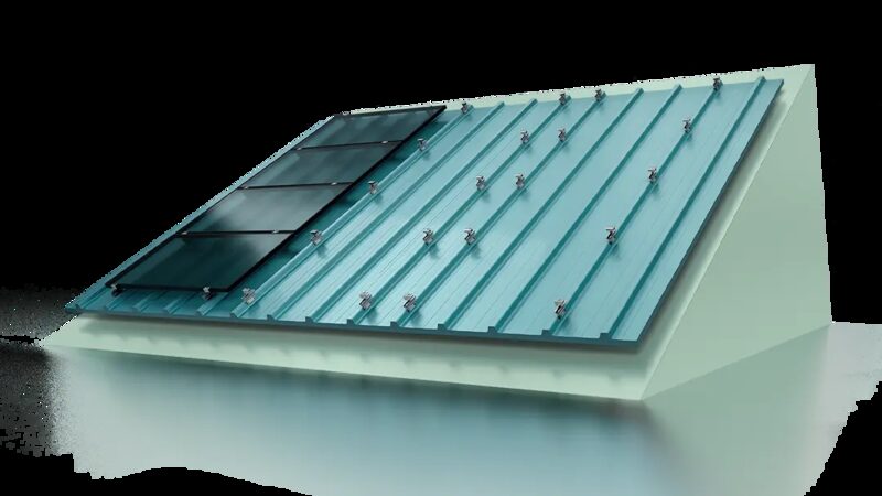 A 3D render of a pitched metal roof with solar mounting rails and clamps, with some solar panels partially installed