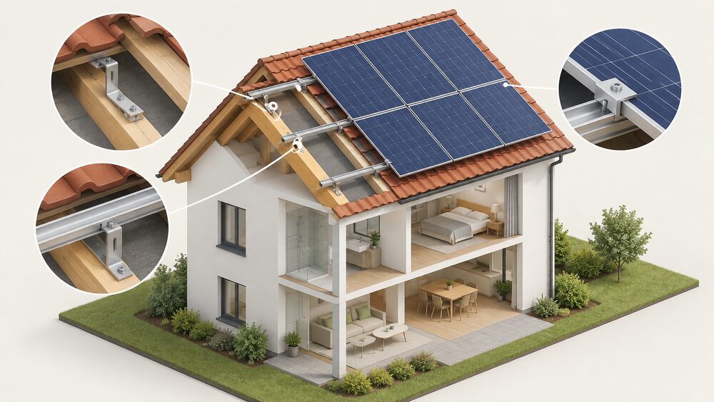A cutaway of a house's pitched tiled roof showing stainless steel roof hooks screwed into the rafters beneath the tiles, aluminium rails bolted to the hooks above the covering, and solar panels clamped to the rails flush with the roof slope.