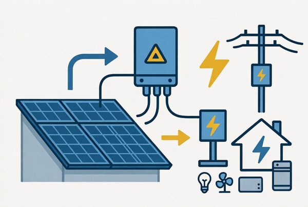 An illustration of rooftop solar panels connected via an inverter to a house, appliances and the electricity grid