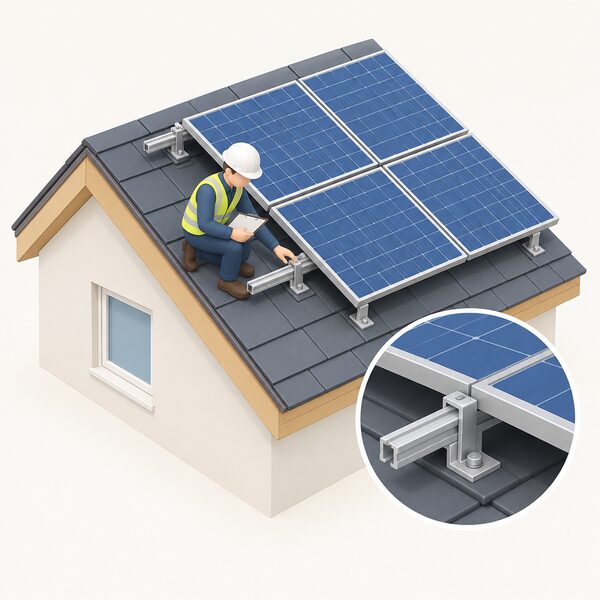 A simplified isometric structural engineer on a pitched roof beside a mounted solar panel array, inspecting the roof fixing brackets and rails while holding a clipboard, with the panels fixed above the roof covering on a mounting system with a visible gap beneath.