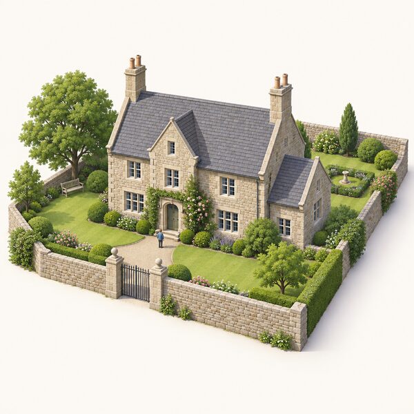 A historic listed stone house with a pitched roof and chimneys, seen with part of its walled grounds and garden, with no solar panels on the roof, conveying that consent rather than permitted development applies.