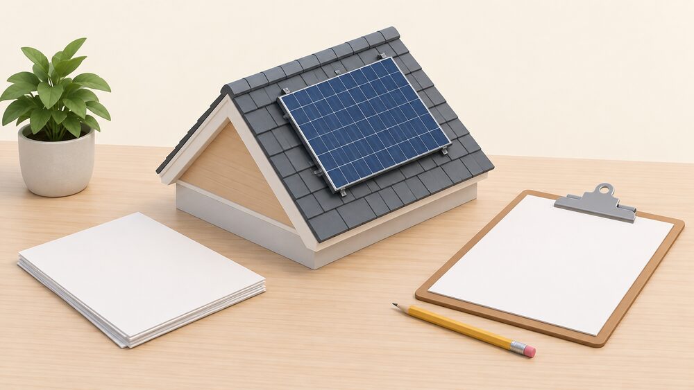 A small model of a house roof with a solar panel mounted on its slope sits on a table beside blank paperwork, a clipboard and a pencil, suggesting the structural assessment and building regulations approval that a rooftop solar installation requires.