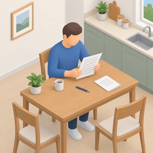 A homeowner seated at a kitchen table indoors reads a printed warranty document held in both hands, with a pen resting on the table beside it and a second folded sheet nearby, shown as a simple isometric scene with the document's content as blank lines only.
