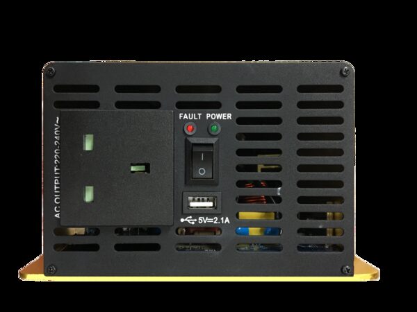 A black off-grid power inverter with a UK mains socket, fault/power indicator lights, rocker switch and USB port on its front panel