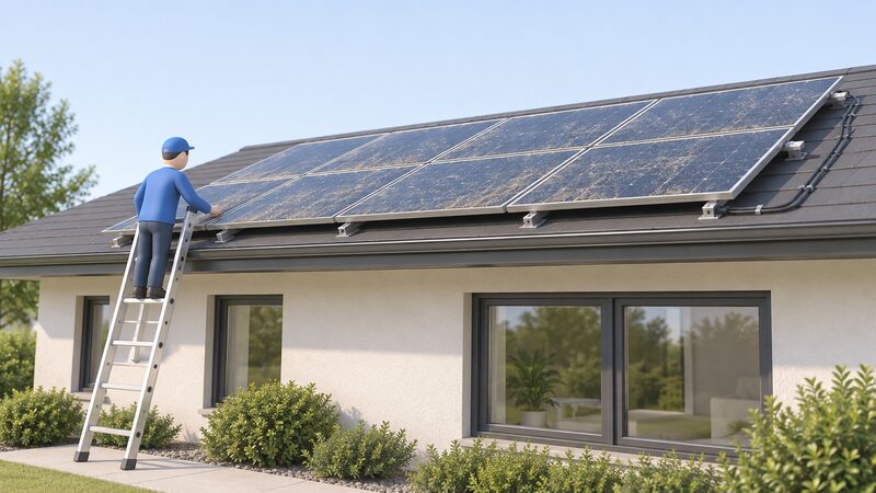 A ground-level view of a low-pitch domestic roof with solar panels lying at a visibly shallow angle, a film of dirt and streaks on the glass, and a small simplified figure on a ladder inspecting the array.