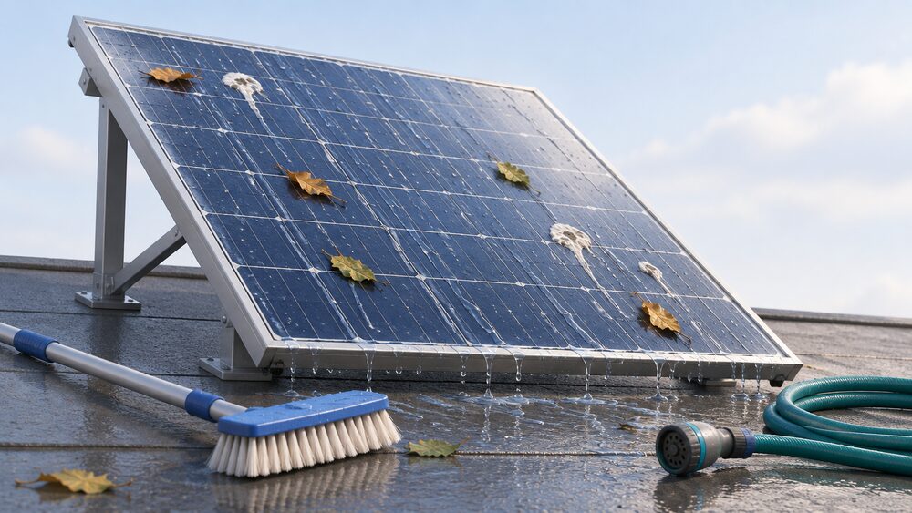 A close-up of a tilted rooftop solar panel in daylight with rainwater sheeting down its glass, a soft long-handled brush and a hose pipe resting beside it, and a few bird droppings and leaves on the surface.