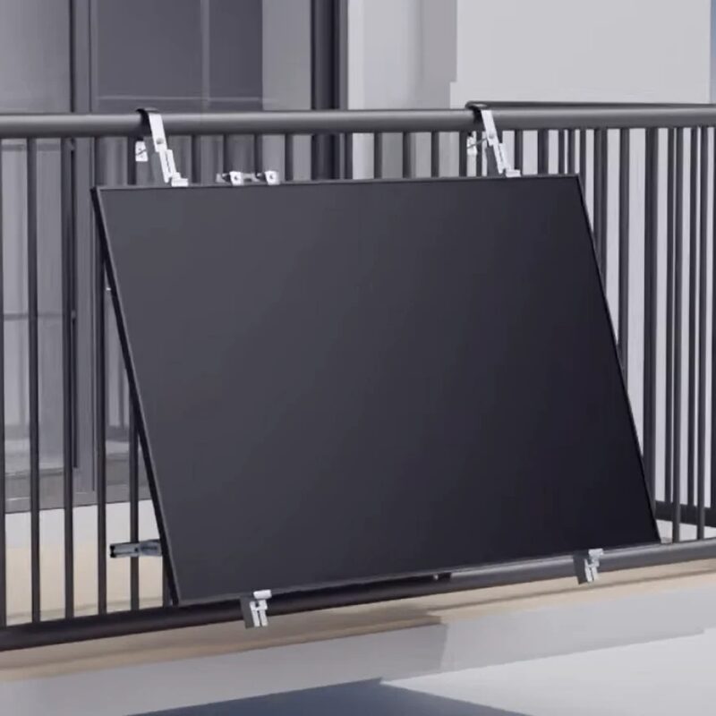 A solar panel mounted on an adjustable bracket attached to a balcony railing