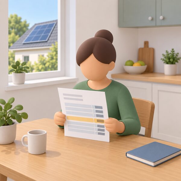 A printed quote document lying on a kitchen table in a home, held by a simplified householder figure, with blank lines and plain colour bands standing in for the cost breakdown and a distinct highlighted VAT line, a solar panel visible through the window behind.