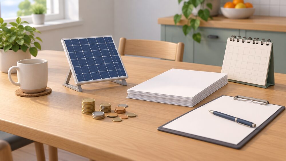 A small model of a rooftop solar panel stands on a kitchen table beside a stack of blank quote paperwork, a clipboard with a pen, a scatter of coins and a wall calendar, suggesting the moment a household weighs up the cost of an installation.