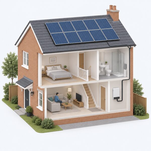 A cutaway view of a typical UK house showing a solar panel array of around a dozen panels on the pitched roof and an inverter box mounted on an indoor wall, connected by cabling running down from the roof into the house.