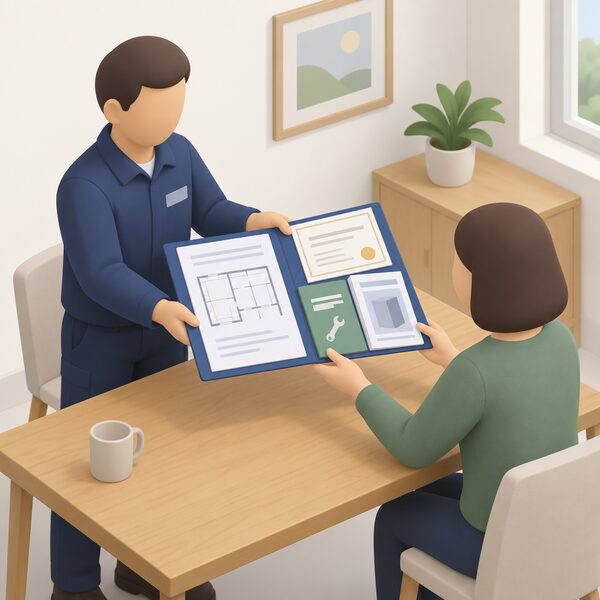 An installer's simplified figure hands a thick folder of handover documents across a table to a household figure, the folder open to show blank record drawings, certificates, a maintenance booklet and product literature sheets, all content shown as blank lines and plain colour blocks.