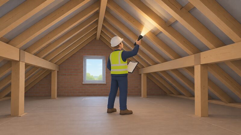 A surveyor with a torch inspects the rafters and roof timbers inside a loft space, looking along the underside of the pitched roof to assess whether the structure can carry the added load of a future solar panel array.