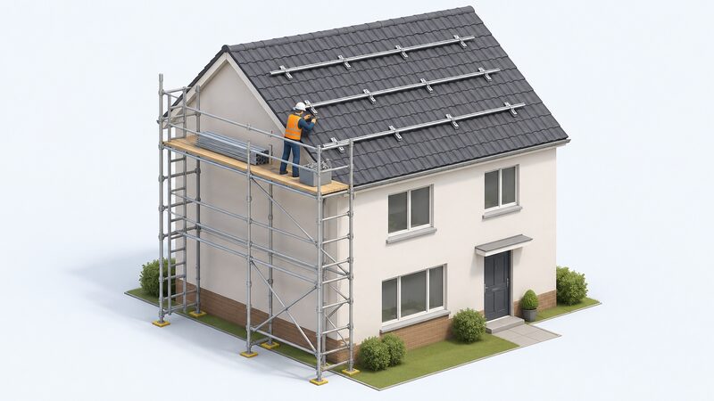 A two-storey house with scaffolding towered along its gable end, an installer on the scaffold platform fixing mounting rails to the roof tiles, with a stack of rails and brackets beside him on the platform.