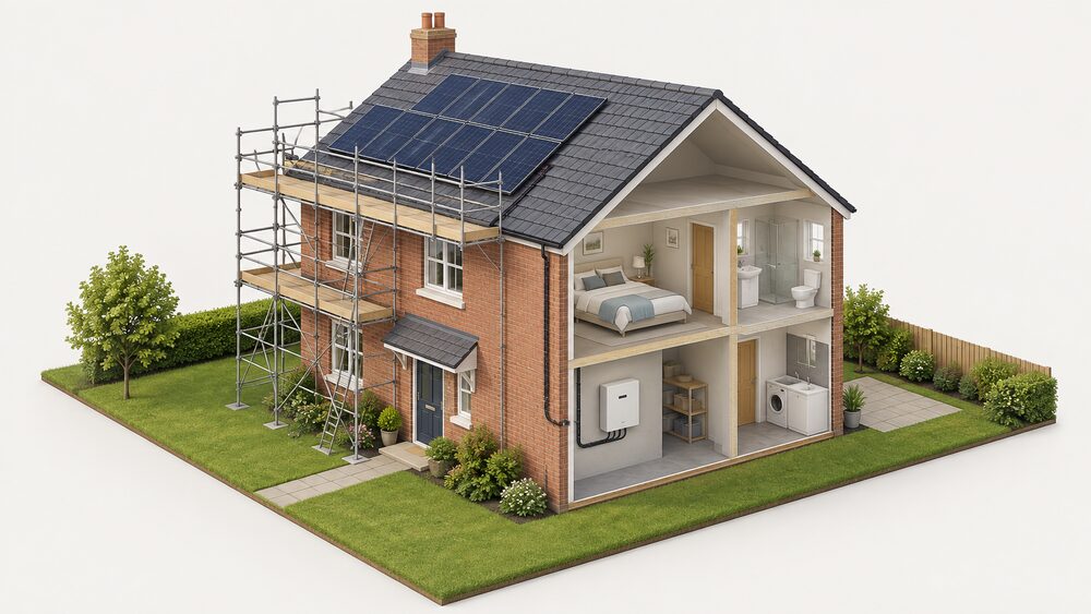 A two-storey house with scaffolding erected against its roof, where several solar panels are being fixed to the pitched roof, with a cable route running down the outside wall to an inverter mounted indoors on a garage or utility room wall.