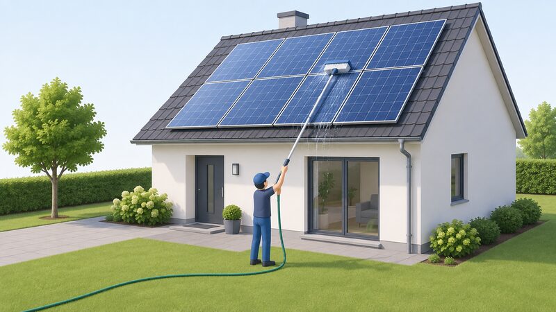 A person standing on the ground beside a house uses a long-handled soft brush and a hosepipe to clean the solar panels on the roof, with no detergents, power washer or abrasive tools in sight.