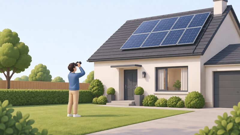 A homeowner standing on the lawn of a house, looking up through binoculars at the rooftop solar panel array, checking the panels and visible cables from ground level without any ladder or working at height.